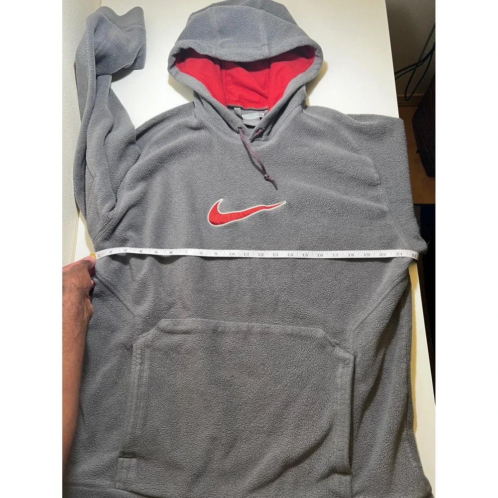 Vintage Nike Mens Hoodie Large Grey Red Center Swoosh Fleece Pullover Y2K